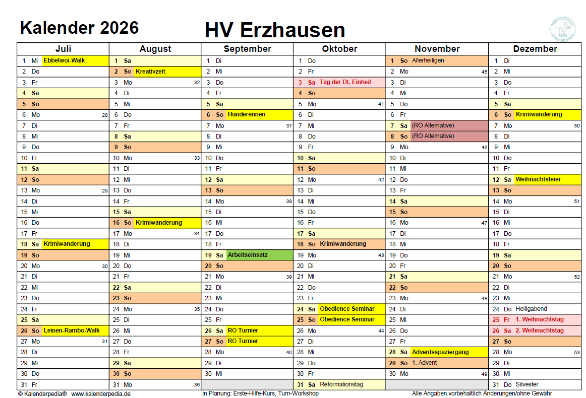 Jahreskalender 2026, Juli bis Dezember Jahreskalender 2026 des HVE, Juli bis Dezember